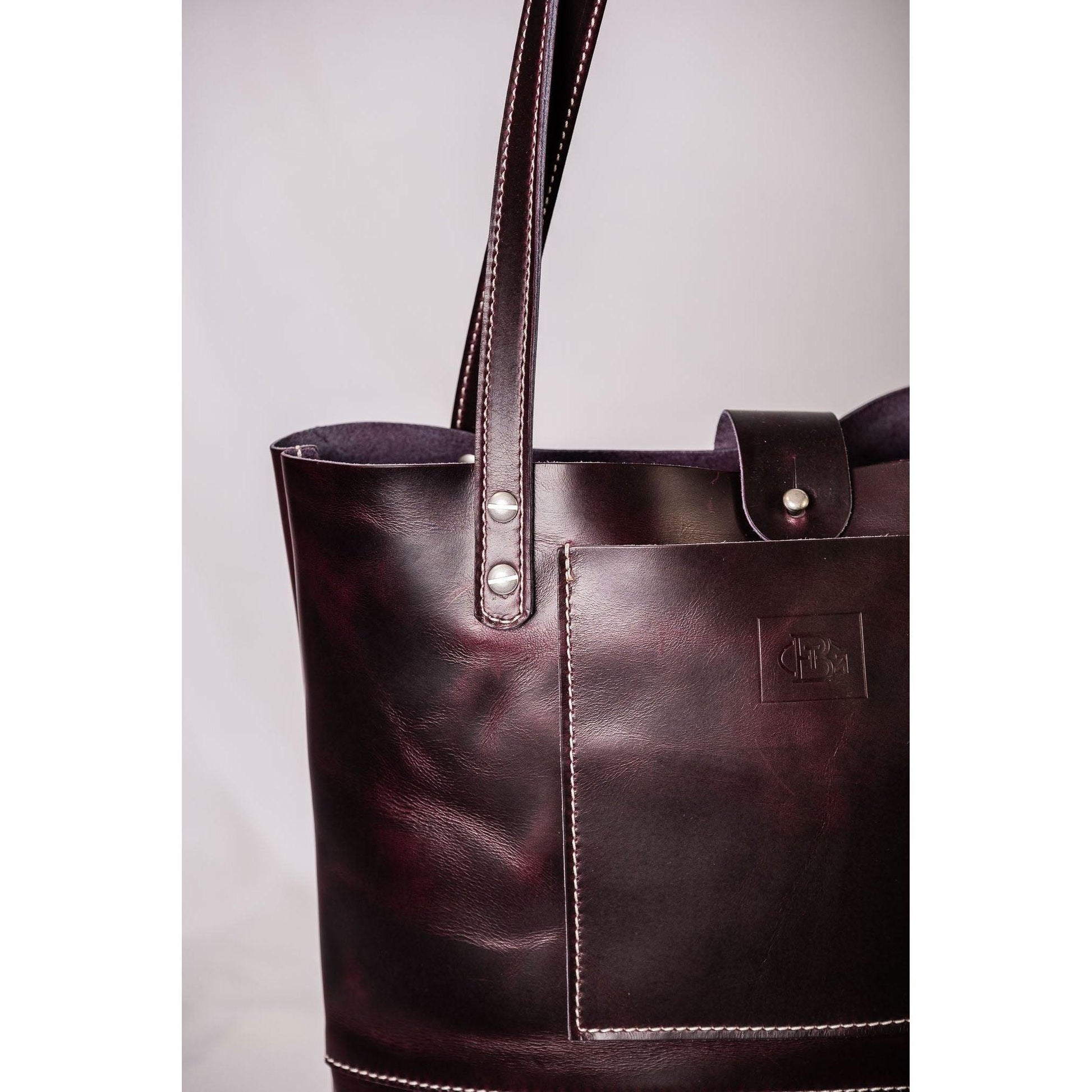 Close Up of Luxury Leather tote in cavalier plum