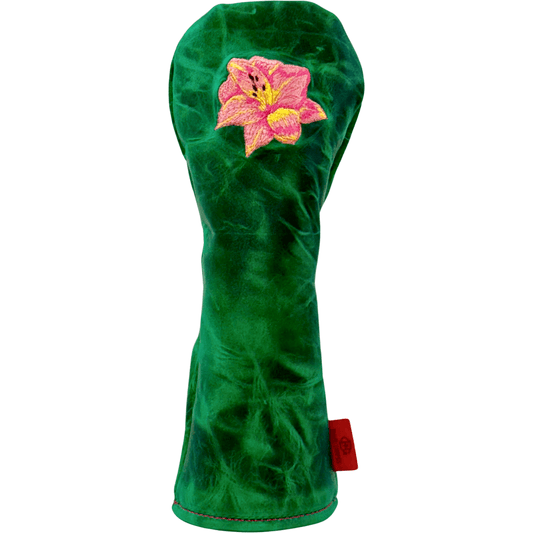 Driver Headcover in Golf Green Dublin leather with embroidered Azalea