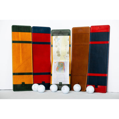 Multiple Leather Yardage Book Covers with Golf Balls