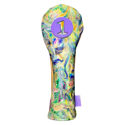 Custom Tie-dyed leather headcover with blues and purples with purple leather circle cut out with number one