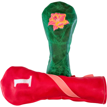 Group of two headcovers one Golf Green with Embriodered Azalea and one Hot Pink with light pink stripe