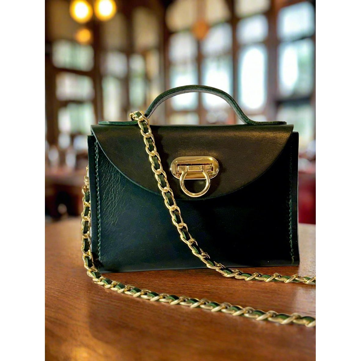 Hannah Kate Clutch in Deep Green with Gold Chaing