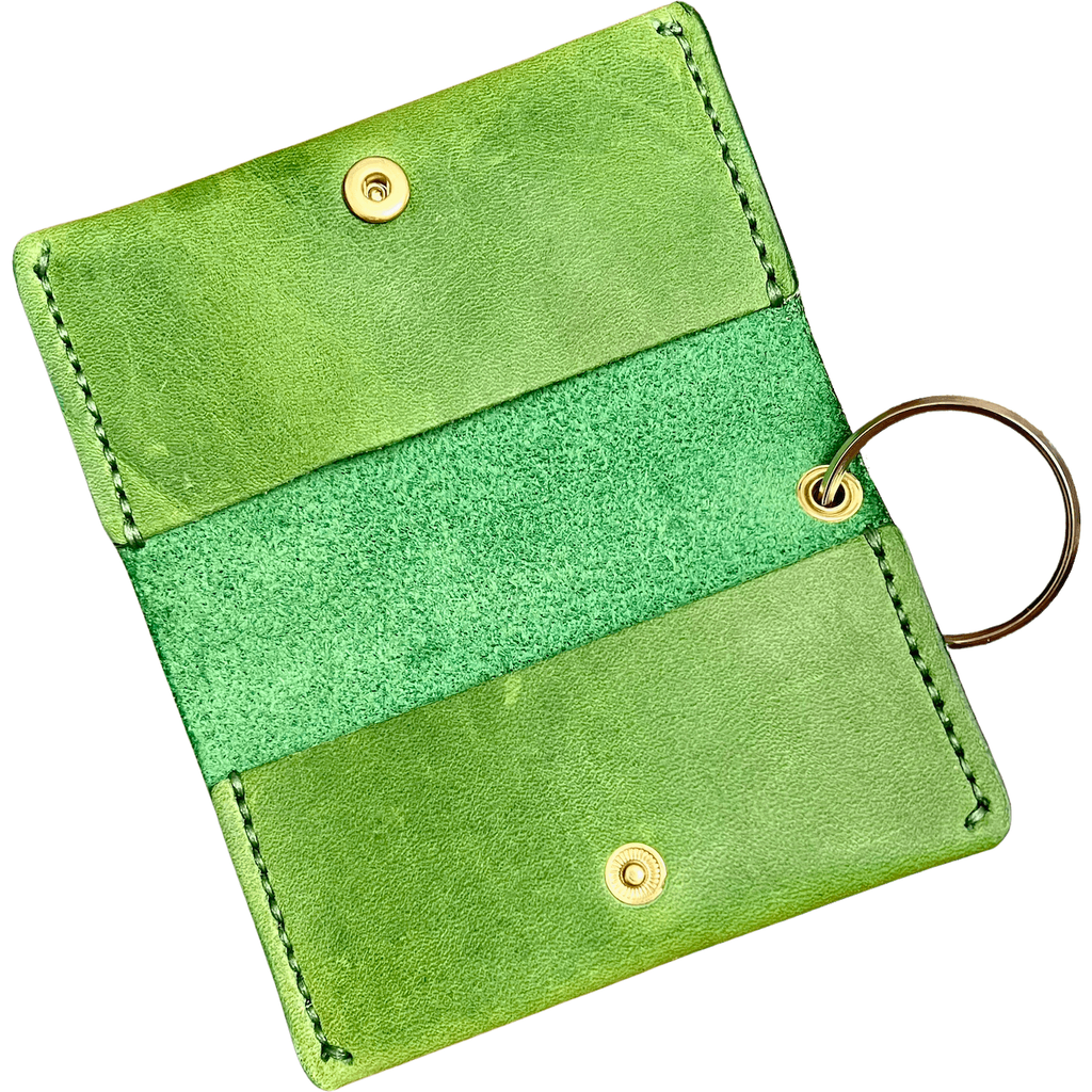 Open bright green card Wallet with key ring