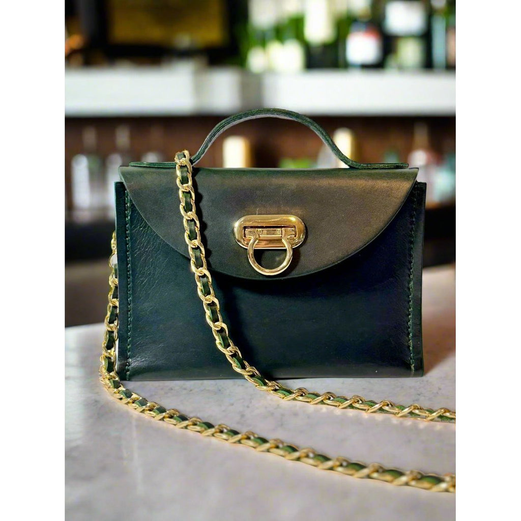 Hannah Kate Clutch in Deep Green with Gold Chain 