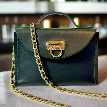 Hannah Kate Clutch in Deep Green with Gold Chain 
