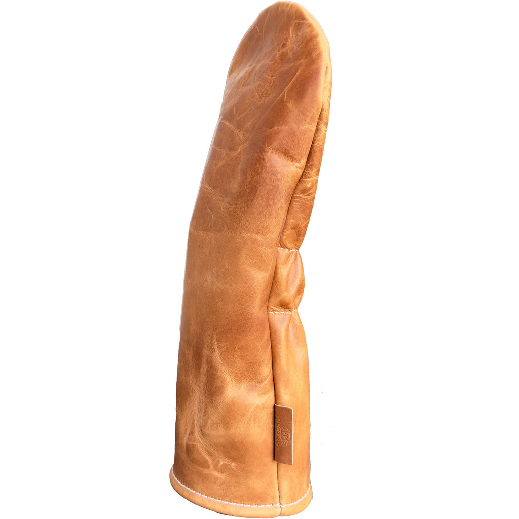 The Mark aka The Streaker in Horween Dublin Leather in Light Natural Driver  headcover handcrafted in Charleston, SC Made in the USA side view