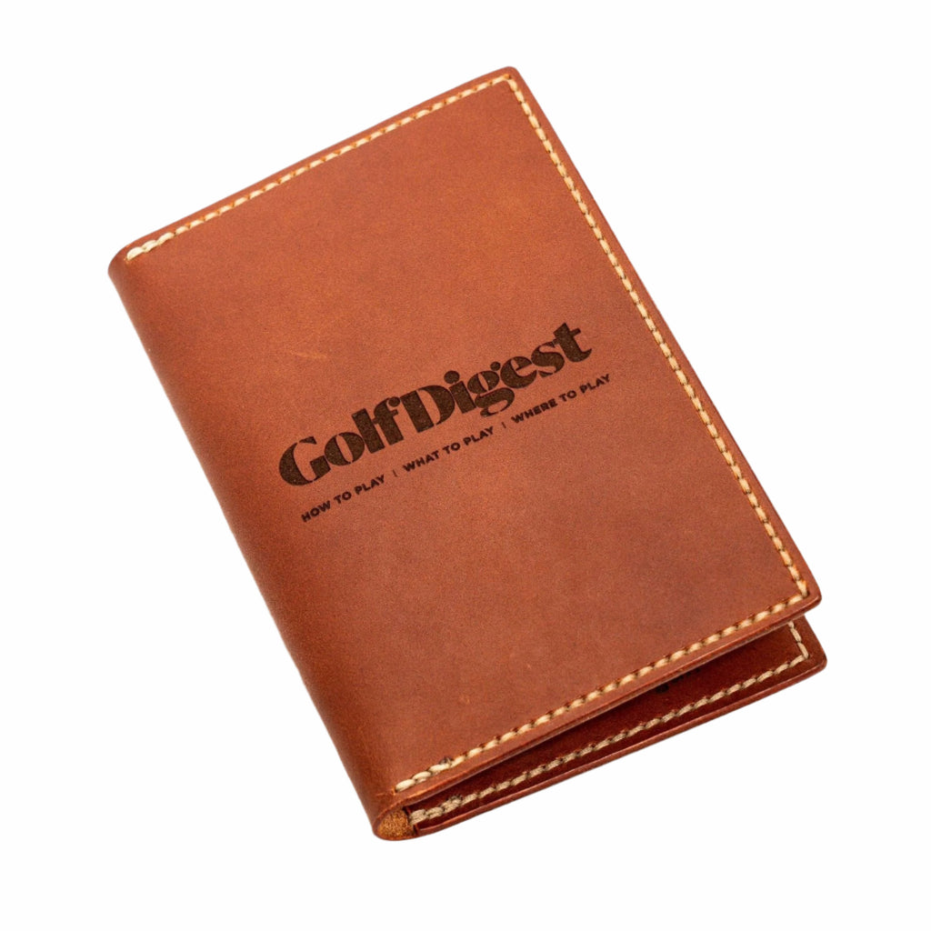 The Pete Custom Scorecard Holder in Horween Dublin English Tan with Golf Digest Logo on front.