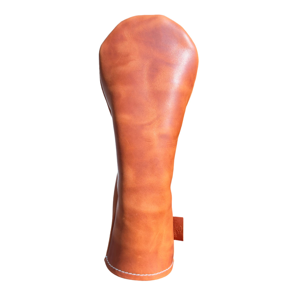 The Mark aka The Streaker in Horween Dublin Leather in English Tan Driver  headcover handcrafted in Charleston, SC Made in the USA front view