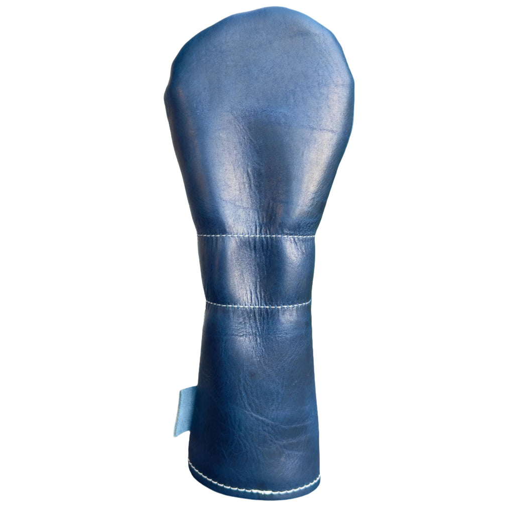 The Mark aka The Streaker in Horween Dublin Leather in cobalt navy Driver  headcover handcrafted in Charleston, SC Made in the USA back view.