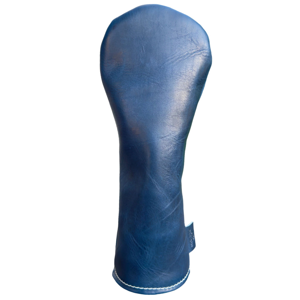 The Mark aka The Streaker in Horween Dublin Leather in cobalt navy Driver  headcover handcrafted in Charleston, SC Made in the USA front view.
