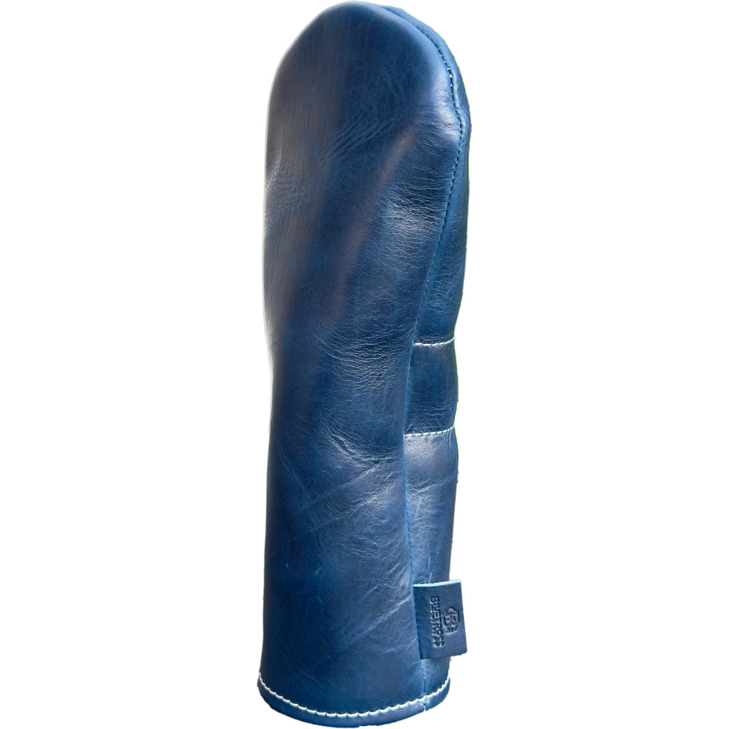 The Mark aka The Streaker in Horween Dublin Leather in cobalt navy  Driver  headcover handcrafted in Charleston, SC Made in the USA side view.