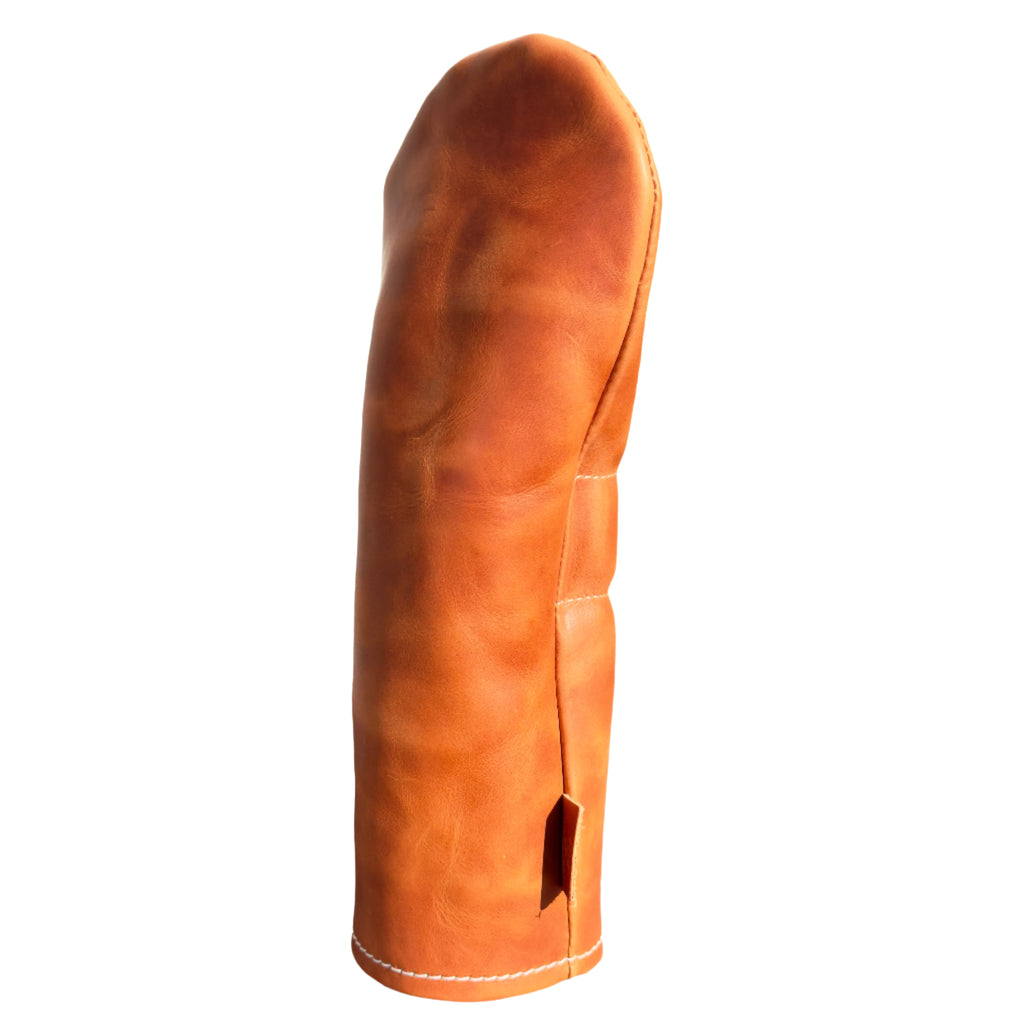 The Mark aka The Streaker in Horween Dublin Leather in English Tan Driver  headcover handcrafted in Charleston, SC Made in the USA side view