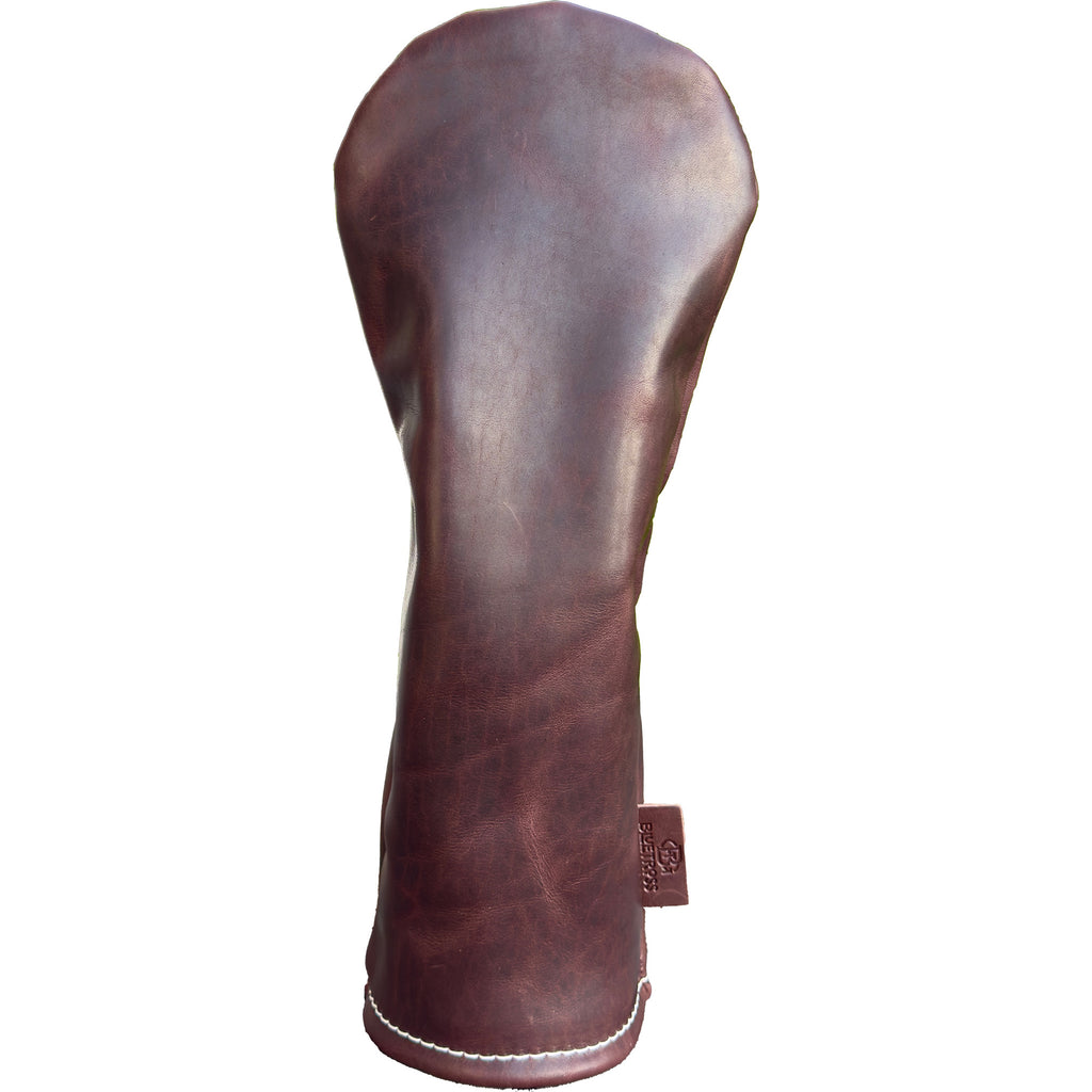 The Mark aka The Streaker in Horween Dublin Leather in Plum Driver  headcover handcrafted in Charleston, SC Made in the USA front view