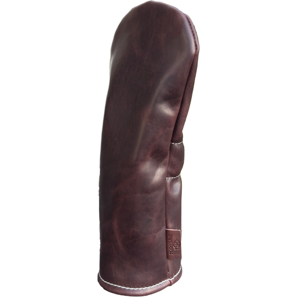 The Mark aka The Streaker in Horween Dublin Leather in Plum Driver  headcover handcrafted in Charleston, SC Made in the USA side view