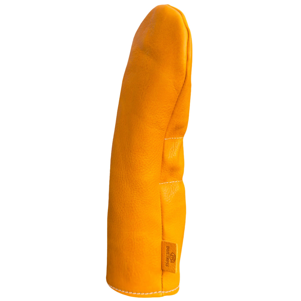 The Mark aka The Streaker driver Italian Vachetta Box leather headcover in Girasole Yellow handcrafted in Charleston, SC front view