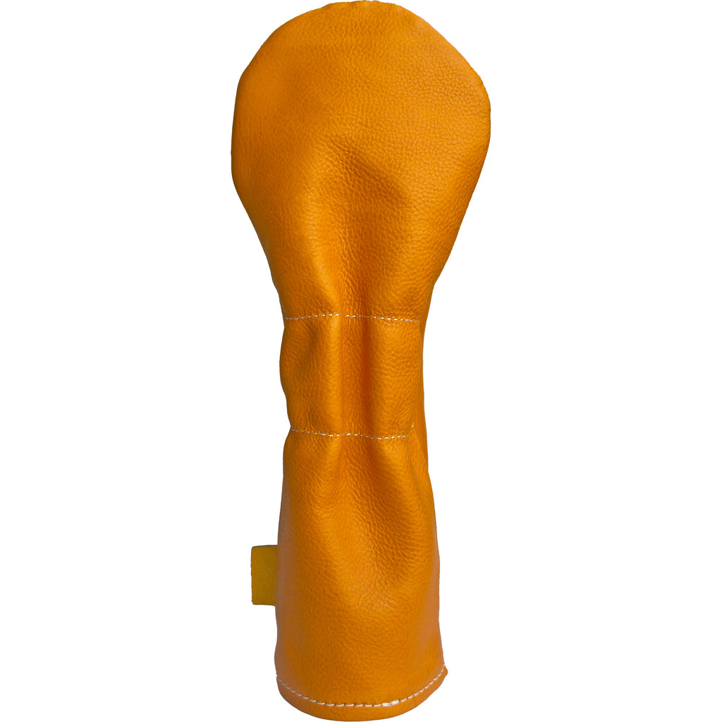 The Mark aka The Streaker driver Italian Vachetta Box leather headcover in Girasole Yellow handcrafted in Charleston, SC back view