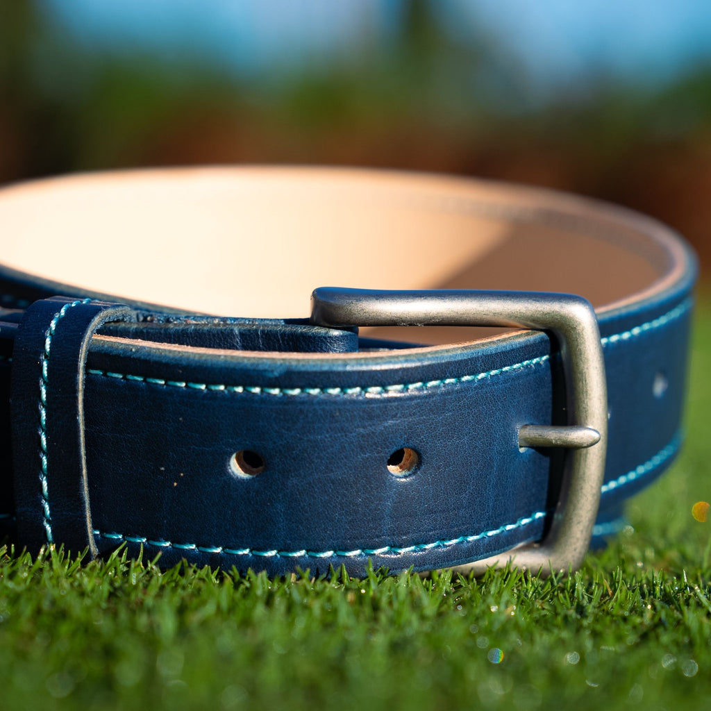 Fairway Signature Belt in premium Italian leather, vibrant Navy color with handcrafted stitching and a classic buckle.