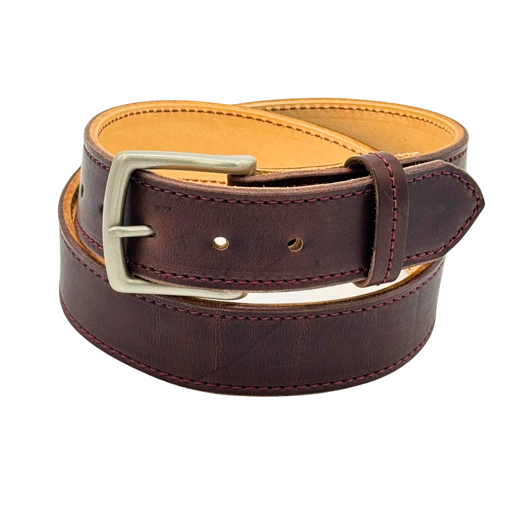 Heritage Reserve Belt in Horween Dublin leather, Plum color, featuring handcrafted stitching and a solid buckle for a refined, elegant look.
