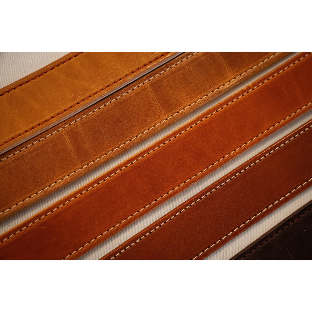 Close-up of the Heritage Reserve Belt made from Horween Dublin leather, showcasing its rich patina and handcrafted stitching.