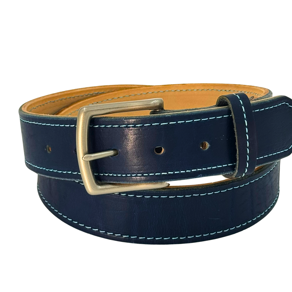 Close-up of the Heritage Reserve Belt made from Horween Dublin leather, showcasing its rich patina and handcrafted stitching in Cobalt Color with Aqua Stitching