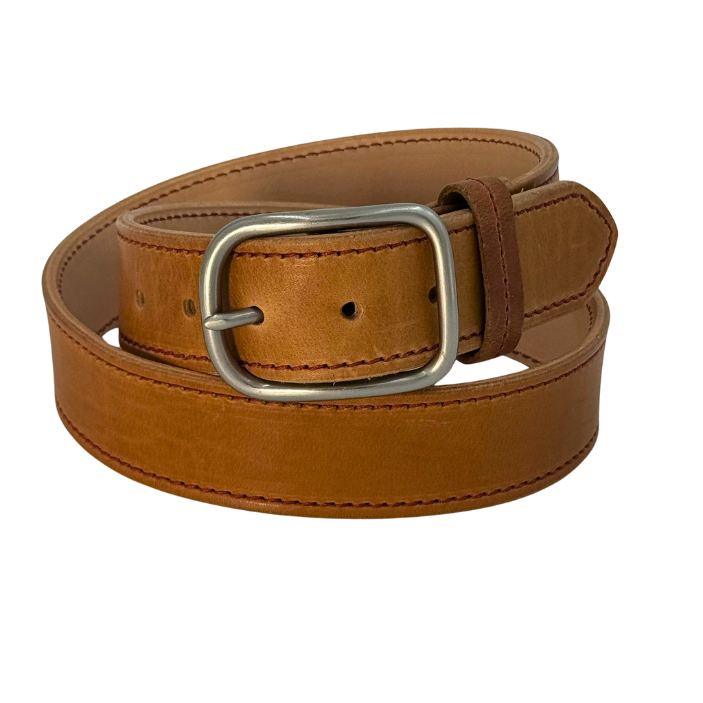 Close-up of the Heritage Reserve Belt made from Horween Dublin leather, showcasing its rich patina and handcrafted stitching in the Color Natural with Cherry Stitching